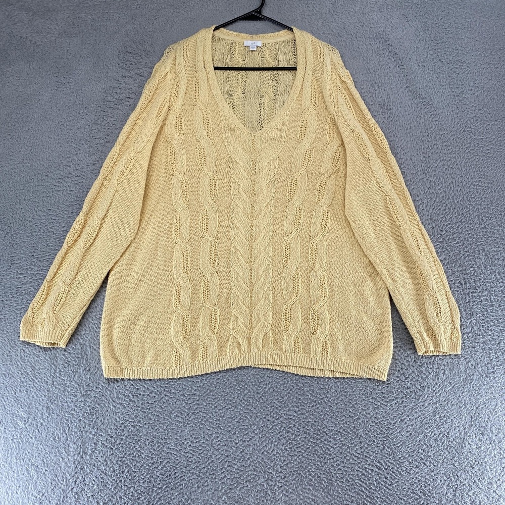 J Jill Sweater Womens 2X Butter Yellow Slub Cable Knit V Neck Pullover